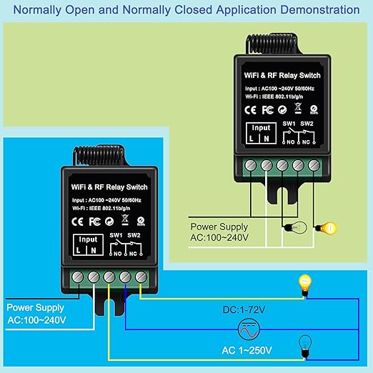 Smart Dry Contact Switch, AC Wireless Relay with RF Remote (165ft) & Tuya App, NO/NC 8A/250VAC & 8A/30VDC - for Garage Door,Lights, Alexa/Google Home Compatible (smart Switch)