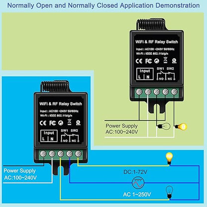 Smart Dry Contact Switch, AC Wireless Relay with RF Remote (165ft) & Tuya App, NO/NC 8A/250VAC & 8A/30VDC - for Garage Door,Lights, Alexa/Google Home Compatible (smart Switch)