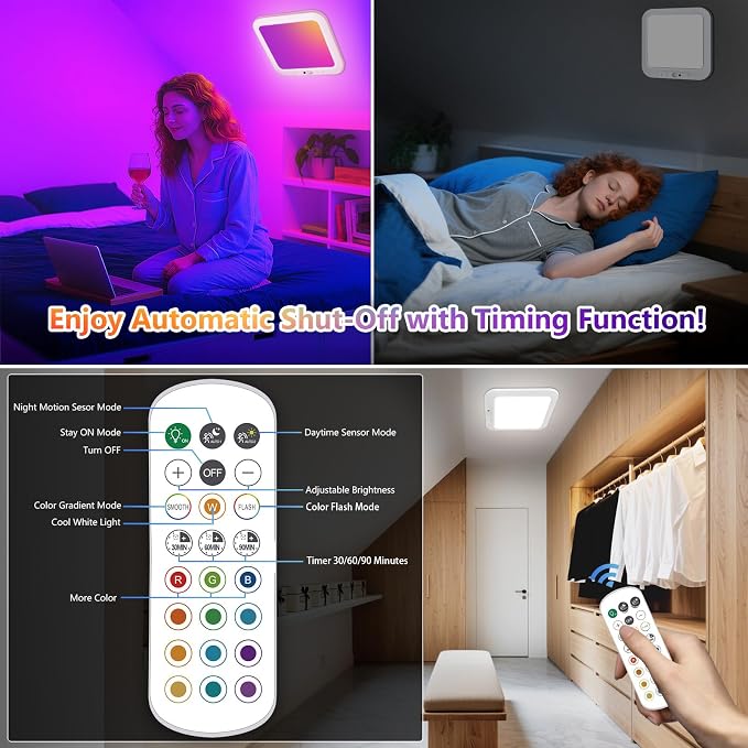 Rechargeable Motion Sensor Ceiling Light, Battery Closet Light 12 RGB Color