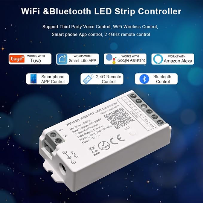 C05W RGBCCT LED Controller Tuya WiFi 2.4G RF 6Pin PWM for SMD FCOB Strip