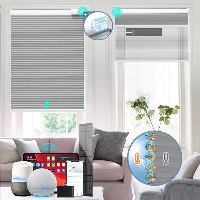 Motorized Cellular Shades with Remote Control, Blackout Electric Smart Blinds(Free Solar Panel) with Cordless, Windows Automatic Honeycomb Blinds, with Alexa Google, Grey, 33"× 64"
