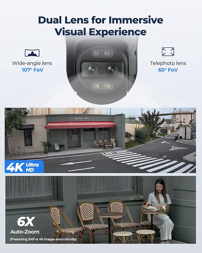 REOLINK 4K Dual-Lens Security Camera System, IP Outdoor Cameras, 1x Duo 2 PoE with 180° Ultra-Wide Angle, Bundle with 1x Trackmix PoE with 6X Hybrid Zoom & Auto Tracking, Color Night