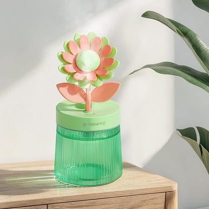 Cute Flower Mini Humidifier, Small Cool Mist Desk Humidifiers, Portable USB Personal Desktop Plant Humidifiers, Cooling for Home Office Car Travel Indoor Outdoor (260ml, Green Sunflower)