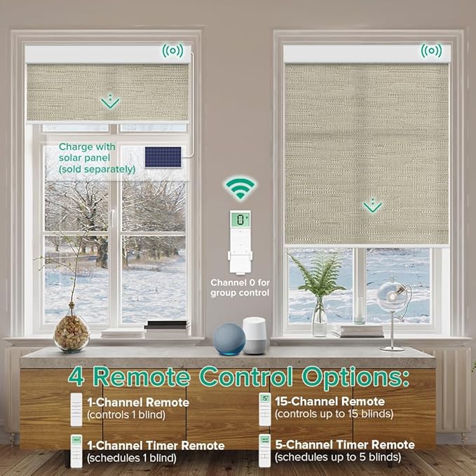 Motorized Roller Shades, Light Filtering Remote Control Custom Window Shades Compatible with Alexa Google Assistant via RF Hub, Rechargeable Electric Blinds for Windows (Texture Dark Coffee)