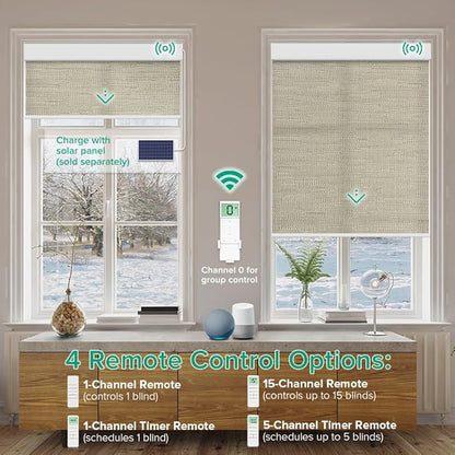 Motorized Roller Shades, Light Filtering Remote Control Custom Window Shades Compatible with Alexa Google Assistant via RF Hub, Rechargeable Electric Blinds for Windows (Texture Dark Coffee)