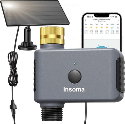Insoma Solar WiFi Water Timer for Garden, 365-Day Power, Brass Inlet | Solar Panel+Type-C Dual Power, APP&Voice Control, Alexa/Google Compatible, Rain Delay+Manual Mode, WiFi Direct, 2.4GHz, IPX6