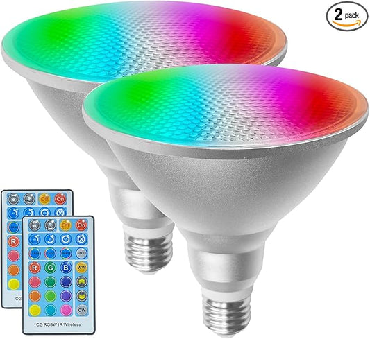 2 Packs Par38 LED Flood Light Bulbs with Remote Timing Function,30W=100W,E26 Color Changing Light Bulbs for Easter Christmas Party Home Garden Holiday Decoration