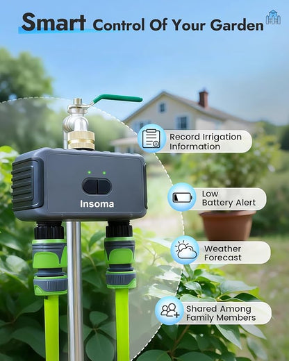 Insoma 2-Zone WiFi Water Timer for Garden Hose, WiFi Hose Timers with Brass Inlet, No-Gateway 2.4GHz Remote APP & Voice Control (Alexa/Google), Rain Delay & Manual Mode for Yard Lawn Garden Watering