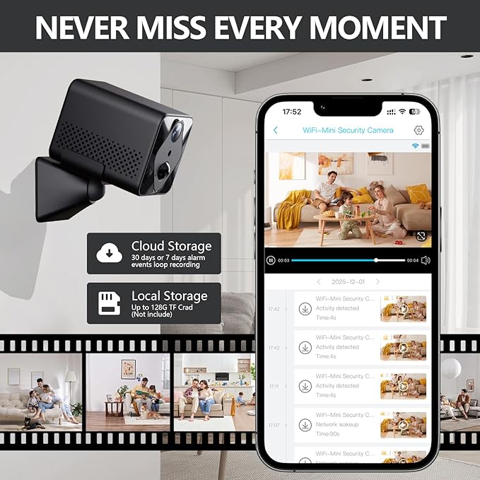 Mini WiFi Wireless Camera, 2K Indoor Hidden Camera for Home Security, Portable Battery Operated Small Camera, Auto Night Vision and APP Remote Viewing, Real-time Alerts