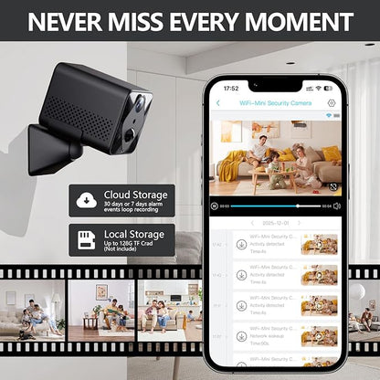 Mini WiFi Wireless Camera, 2K Indoor Hidden Camera for Home Security, Portable Battery Operated Small Camera, Auto Night Vision and APP Remote Viewing, Real-time Alerts