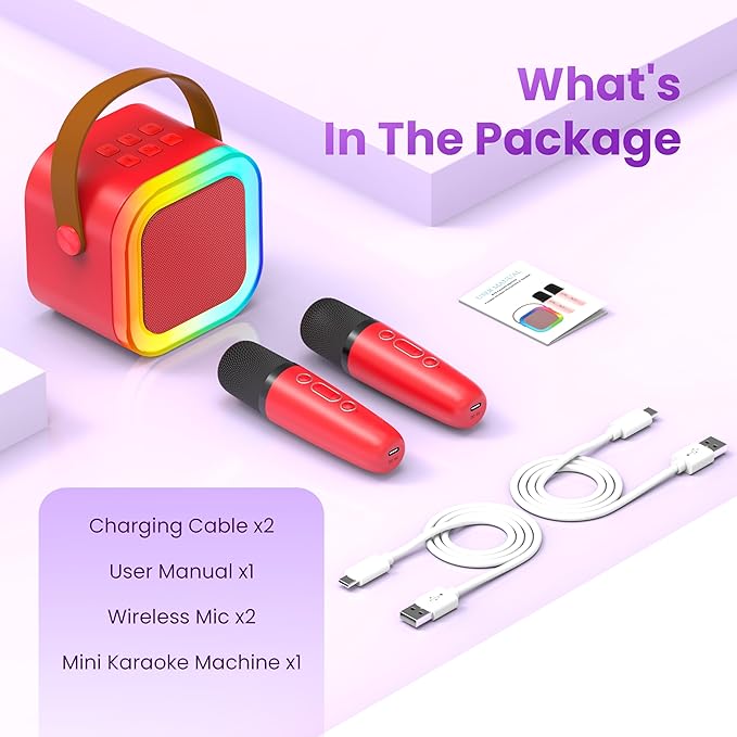 Mini Karaoke Machine for Kids Adults, 2026 TOP Birthday Gifts for Girls Boys 3,4,5,6,7,8+Year Old Toddler Toys, Portable Bluetooth Speaker with 2 Wireless Karaoke Microphones Player (Red)