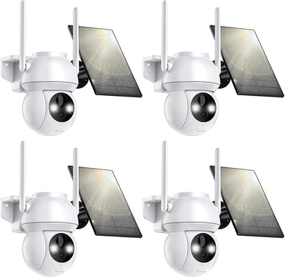 Solar Security Camera Wireless Outdoor, 2K HD Color Night Vision Home Security Camera System with 360° View Battery Powered Spotlight & Siren WiFi Camera Outdoor Motion Sensor and 2-Way Audio 4 Pack