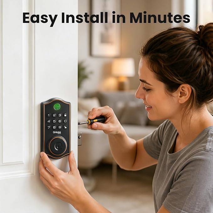 GHome Smart Fingerprint Door Lock for Front Door, 1.0s Unlock AI Self-Learning Keyless Entry Deadbolt with App Control, Keypad, Auto Lock, Digital Code Smart Lock for Home, Airbnb, Apartment, Garage