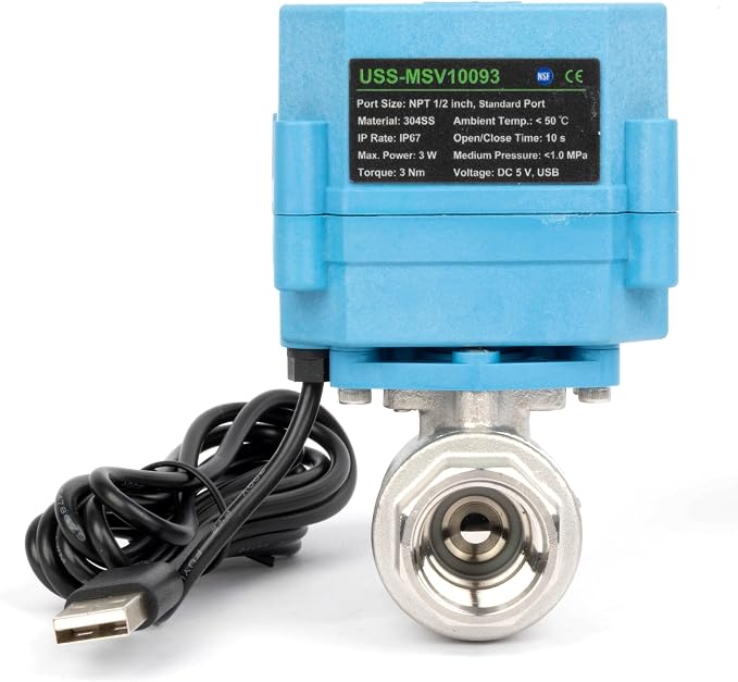 Motorized Ball Valve 1/2 in NPT U.S. Solid WiFi Smart 304 Stainless Steel 2-Way Electric Actuated USB Powered NSF Certified for Water Irrigation