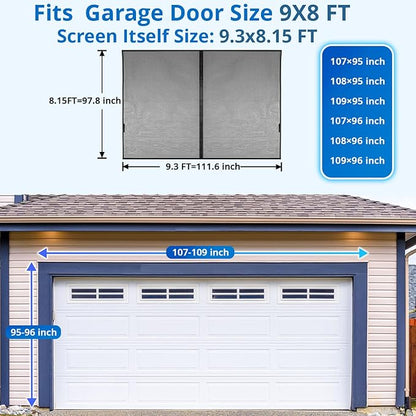 Garage Door Screen for 1 Car 9x8FT, Magnetic Screen Garage with Retractable Fiberglass Mesh and Heavy Duty Weighted Bottom, Easy Assembly & Pass, Hands Free Screen Door w/ 40 Magnets for Garage/Patio