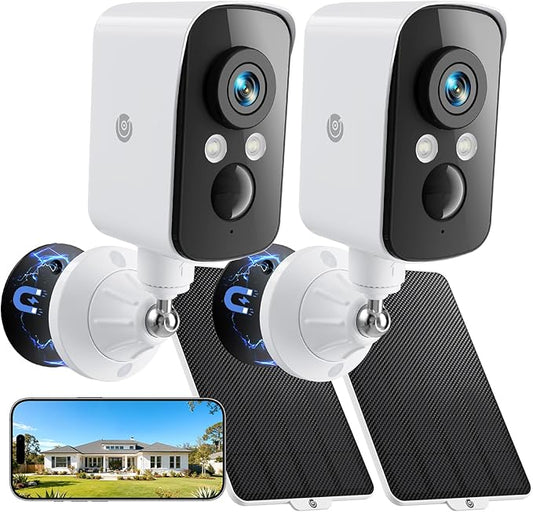 Security Camera Wireless Outdoor, 2.4G WiFi, Battery & Solar Powered, Magnetic, Free Human Detection, Free 7-Day Cloud/SD, Night Vision, Siren, 2-Way Talk, 2K, IP65