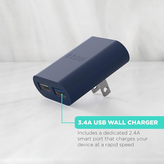 iHome Slim 2-Port USB Wall Charger, Flat Multiport Travel Plug Adapter | Dual USB-A ports, 2.4A Rapid Charge, Foldable Prongs, Slim Design, Compatible with iPhone, Android, iPad, AirPods for Home