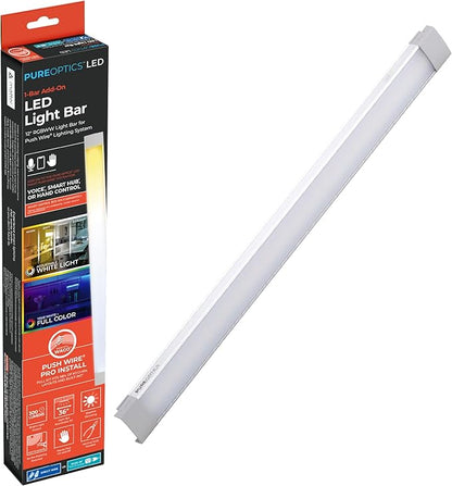 PureOptics LED Professional Push Wire Under Cabinet Light Bar, Add-on, Plug-in or Hardwire Compatible, Adjustable White and RGB LED, for Kitchen, Pantry, Cabinets, (1) 12" Bar