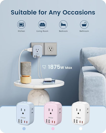 LENCENT Multi Plug Outlet Extender with USB C, Electrical Outlet Expander | with 4 AC & 4 USB Charger Cube, Small Multiple Wall Tap Plug Splitter for Home Office Travel Dorm Essentials - Blue