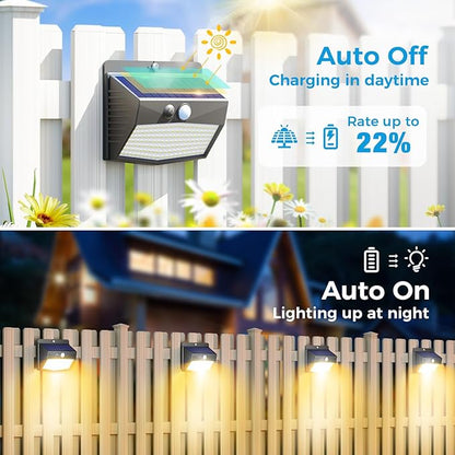 Peasur Solar Outdoor Lights, [4 Packs] Motion Sensor Security Lights with 3 Lighting Modes Wall Lights Waterproof Solar Powered Lights for Garden Yard, Warm
