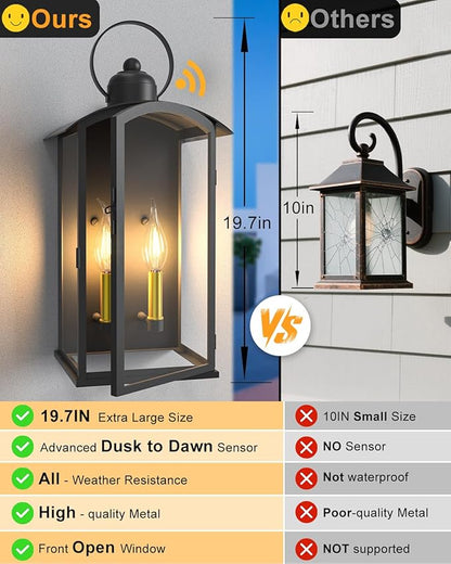 19.7IN Outdoor Wall Light Fixtures, Dusk to Dawn Exterior Lanterns Waterproof, Large Porch Sconces Wall Mounted Lighting, Modern Matte Black Front Open Window Wall Lamps for Yard, Patio