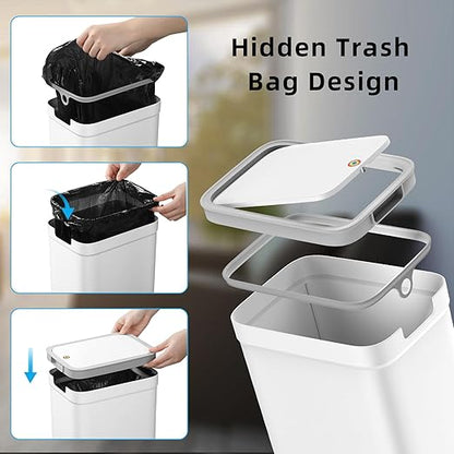 MOPALL 2 Pack Bathroom Trash Can with Lid, 3.6Gal + 2.5Gal Small Garbage Can Set with Pop-Up Lid, Slim Trash Bin Waste Basket for Toilet, Office, Bedroom, Living Room (White)
