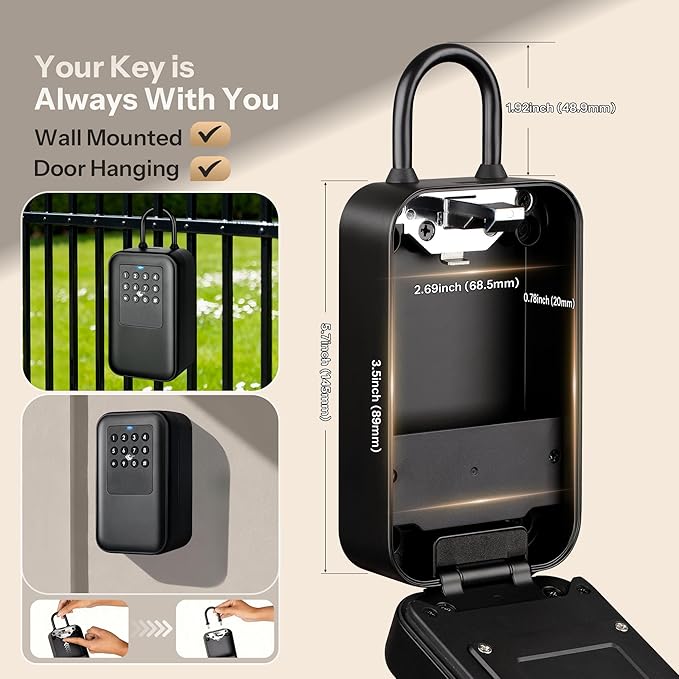 Moquin Smart Bluetooth Key Lock Box –TTLock App Control, Silicone Button IP65 Waterproof, Extra Large Safe Storage Wall Mount & Shackle for Airbnb Realtor House Office