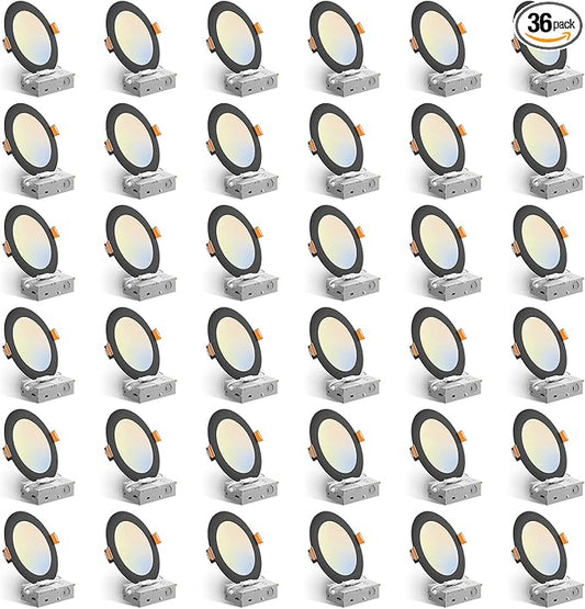 Amico 36 Pack 6 Inch 5CCT Ultra-Thin LED Recessed Ceiling Light with J-Box, 2700K/3000K/3500K/4000K/5000K Selectable, 12W Eqv 110W, Dimmable Canless Downlight, 1050LM High Brightness, Black