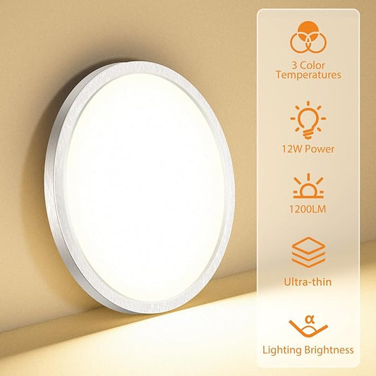 1PACK LED Flush Mount Ceiling Light Fixture, 3000K-4000K-6500K & 100W Equivalent Modern Kitchen Recessed Ceiling Lamp 12W 1200Lm 6.5 Inch Closet Round Surface for Bathroom Laundry-Brushed Nickel