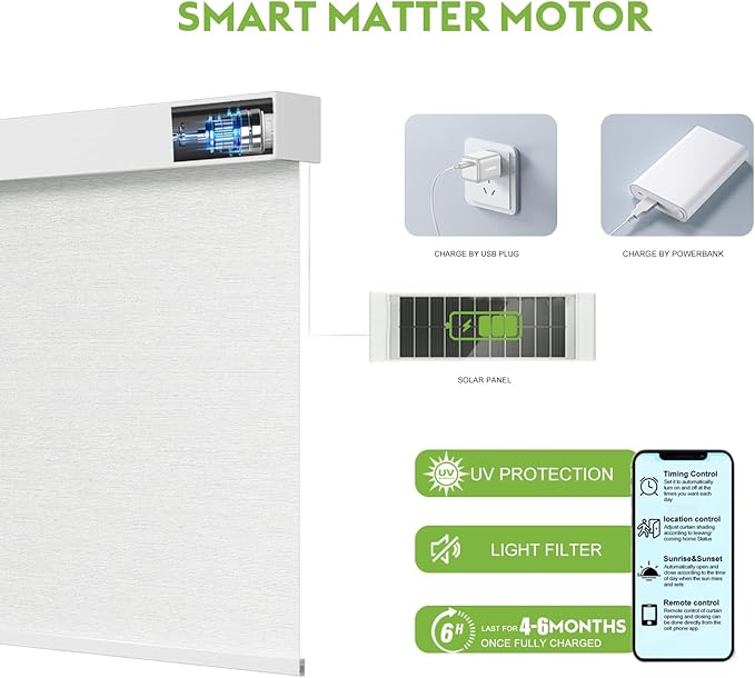 Motorized Blinds with Remote，100% Blackout Smart Blinds Motorized Roller Shades Compatible with Alexa Automatic Blinds for Windows Electric Window Blinds Customized Size Starlight White