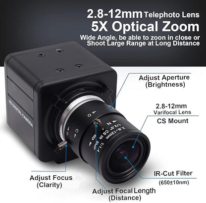 SVPRO 4K Webcam with Zoom Lens, HD Manual Focus 4K 30fps Close-up Camera with 2.8-12mm Varifocal Lens, 4X Optical Zoom External PC Camera for Windows, Linux, Android, Mac OS, Raspberry Pi