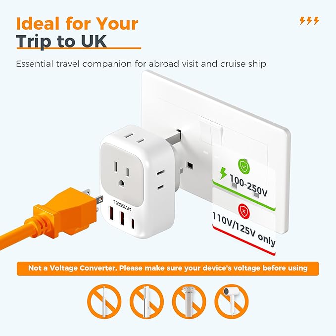 TESSAN UK Adapters for Travel, US to UK Ireland Plug Adapter 20W, Foldable