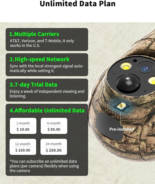 Oculview 4G LTE Cellular Trail Camera with Pre-installed SIM Card, 2K Live Streaming, 360° Pan/Tilt, Low Glow Night Vision, Remote Access, Solar Powered, Motion Activated Game Camera for Off-grid Area