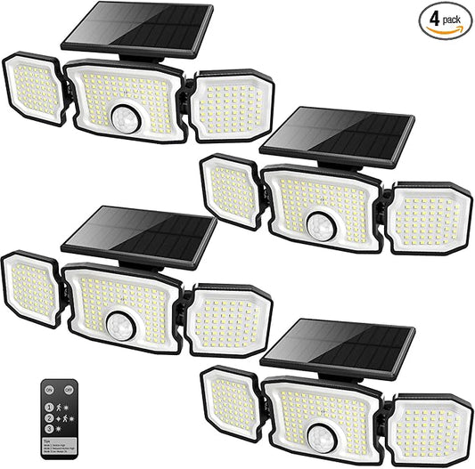 Solar Lights Outdoor Waterproof- 2800LM 200LED Solar Motion Sensor Lights, 3 Heads & 3 Modes Flood Lights, 270° Wide Angle Solar Powered Security Lights for Yard, Garage(4 Pack)