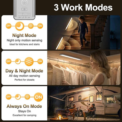 BLS 14.8inch Under Cabinet Lighting, LED Closet Lights, Motion Sensor Light Indoor, Battery Operated USB C Rechargeable, Dimmable Magnetic Night Light for Kitchen, 4 Sensor Mode, 3 Color (2 Pack)