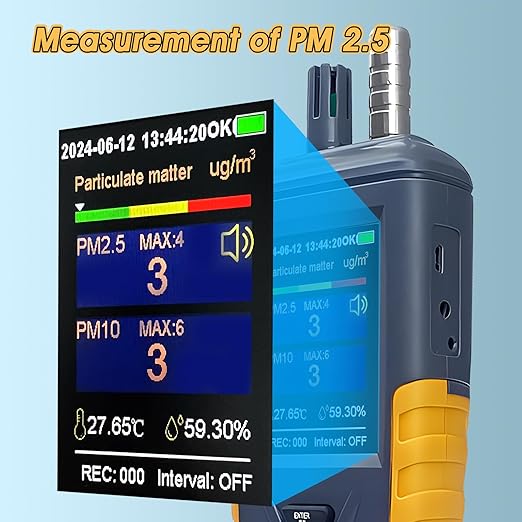 Dust Particle Counter High Sensitivity 3-Channel PM0.3/2.5/10 um Air Quality Monitor 0~1000μg/m³ USB Rechargeable Data Transfer/Temperature and Humidity Monitor