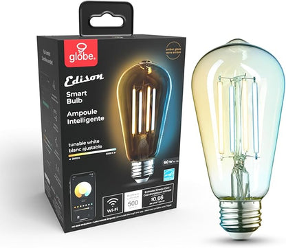Globe Electric 34919 Wi-Fi Smart 5.5W (60W Equivalent) Straight Filament Tunable White Amber Glass LED Light Bulb, No Hub Required, Voice Activated, 2000K - 5000K, Vintage Edison Style, 500 Lumns