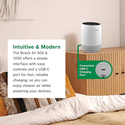 BOSCH Air Purifier for Home, Small Spaces (Covers,500-sq ft), 2-in-1 Filter for Pollen, Smoke, Dust, Dander, Outdoor Pollution, Odors, Air 1000, White
