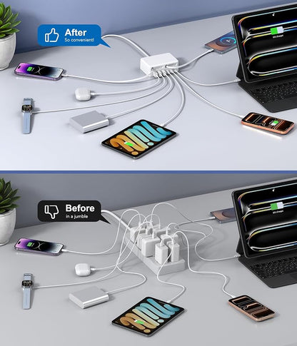 2026 Latest USB C Charger Block, 8 in 1 GaN Retractable Charger Station Hub with Lightening & Type C Cable, 120W Travel Essential Multi USB C Power Strip Plug for iPhone 17 16 15 Pro Max iPad Galaxy
