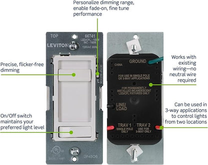 Leviton SureSlide LED Advanced Dimmer Switch for 150W Dimmable LED, Halogen and Incandescent Bulbs and Fixtures, 66741-W, White