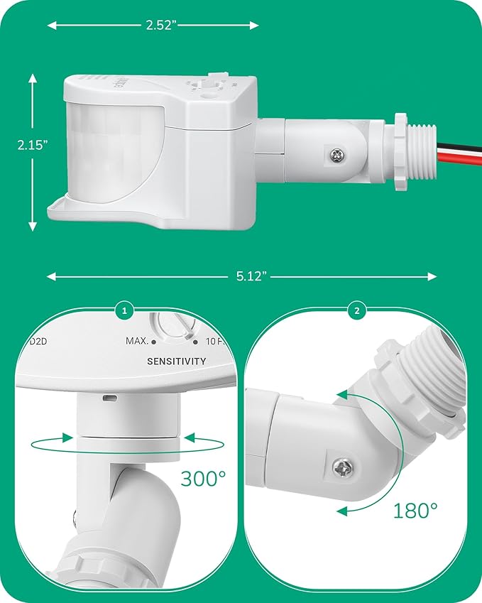 EDISHINE 2 Pack 240° Motion Sensor, Replacement Motion Detector for Outdoor Lights, Adjustable Time & Detection Range Up to 60FT, 3 Modes PIR Motion Sensor for Floodlight, White, UL Listed