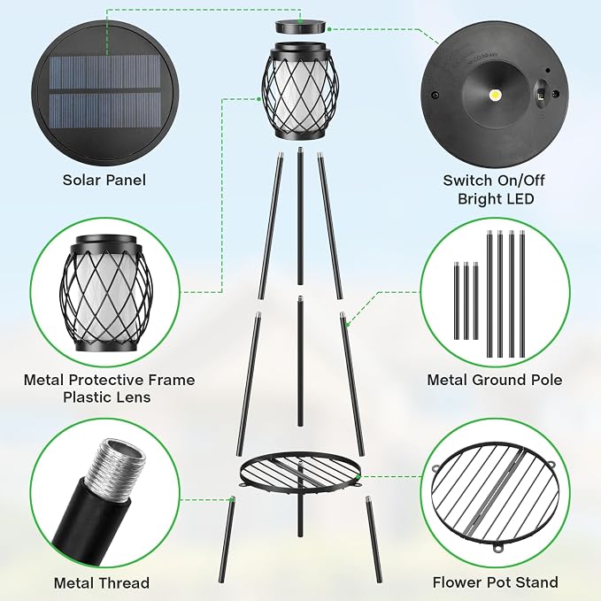 MXwcy 2-in-1 Solar Lights Outdoor with Plant Stand, Waterproof Vintage Solar Floor Lamp & Metal Planter Holder, Tall Geometric Lantern Tripod for Patio, Garden, Yard, Porch Decor (2 Pack)