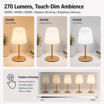 IP65 Waterproof Shower Lamp, Cordless Rechargeable Table Lamp, Wood Grain | 4000mAh Battery Operated Lamp, Spa-Like Glow for Showers, Vanity, Bedside and Patios; 3 Color Temperatures, Touch Dimming