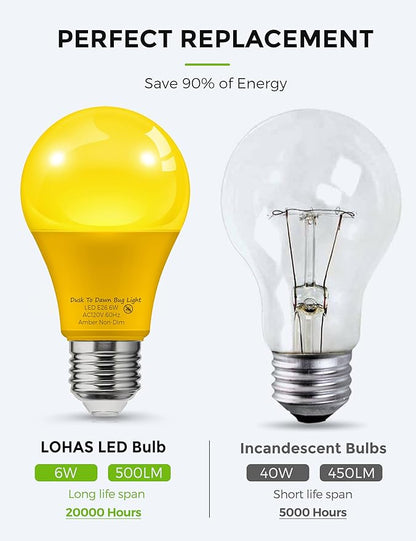 L LOHAS LED 40W Equivalent A19 Amber Porch Light Bulbs, 6W Dusk to Dawn Sensor Yellow Bug Light Bulbs for Outdoor, 2000K E26, 4 Pack