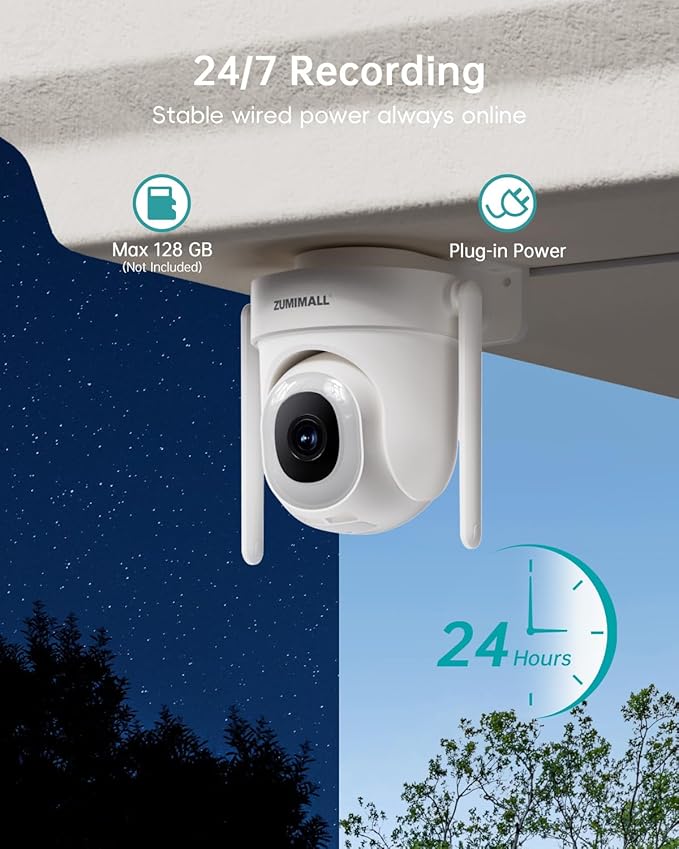 ZUMIMALL 2K 3MP Wired Camera for Home Security, 2.4G/5G WiFi Security Camera Outdoor, 24/7 Recording, AI Motion Detection, Cloud & SD Card Storage, 2-Way Audio, 360° PTZ Auto Tracking, Work with Alexa