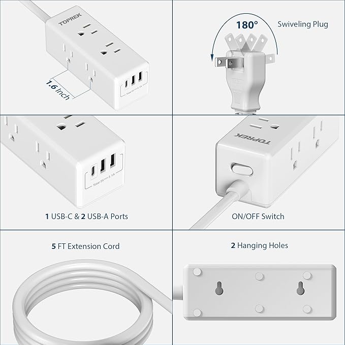 2 Prong Power Strip, TOPREK 2 Prong to 3 Prong Outlet Adapter, 1440J 2 Prong Surge Protector with 6 Outlets & 3 USB, 5FT 2 Prong Extension Cord with Swiveling Flat Plug, Ideal for Non-Grounded Outlet