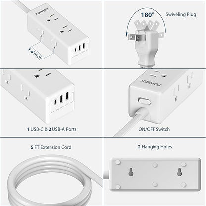 2 Prong Power Strip, TOPREK 2 Prong to 3 Prong Outlet Adapter, 1440J 2 Prong Surge Protector with 6 Outlets & 3 USB, 5FT 2 Prong Extension Cord with Swiveling Flat Plug, Ideal for Non-Grounded Outlet