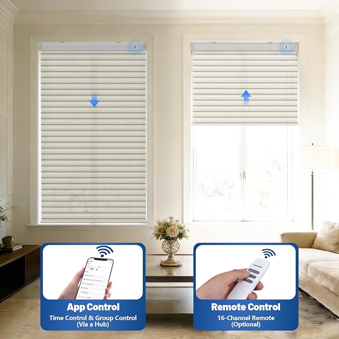 Motorized Cellular Shades with Remote, Smart Cellular Shades Compatible with Apple HomeKit, Alexa & Google Home, Honeycomb Window Blinds for Indoor Windows, Light Filtering Beige Linen