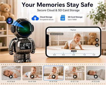 DYPCO Indoor Security Clock Camera with Temperature and Humidity Monitoring, Smart Clock Camera with Alarm Function, Real-Time Alerts for Home Safety