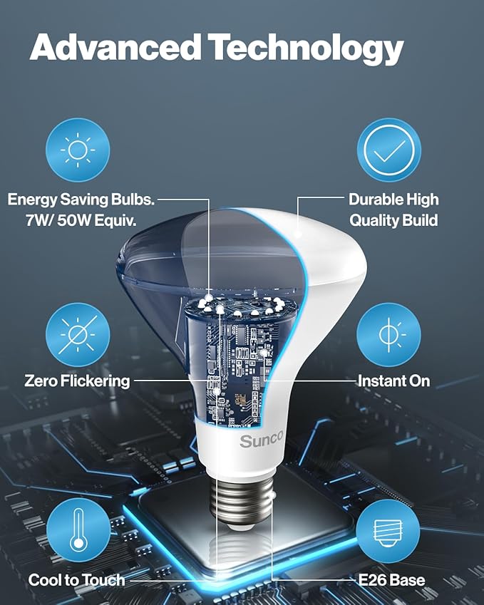 Sunco 10 Pack BR20 LED Bulb Dimmable, Small Recessed Lighting Bulbs, R20 Mini Flood Light Indoor, 550 LM, 7W (50W Equivalent), 4000K Cool White, E26 Base, Can Light for Home, Kitchen, Bedroom UL.